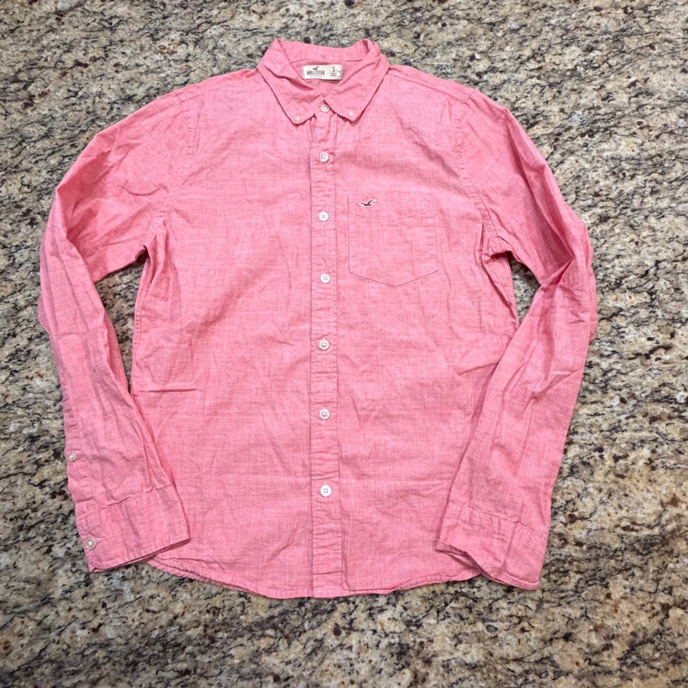 Hollister Mens Small Coral Pink Long Sleeve Button Down Shirt Seagull Logo ws